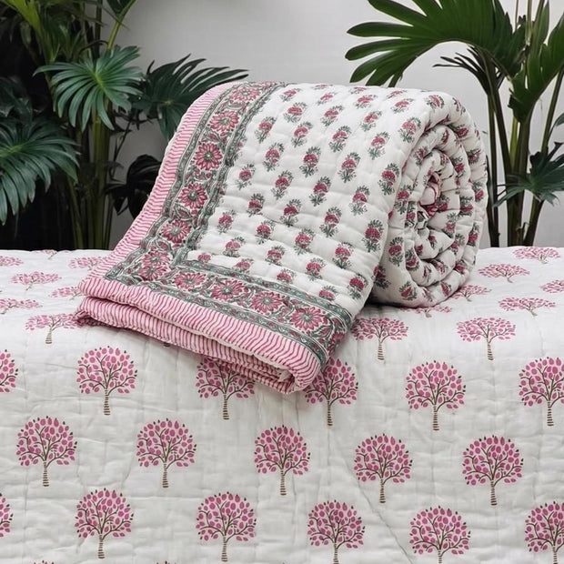 Gulabi Bagh – Single Size Floral Cotton Razai | Hand-Quilted | Reversible Floral Print | 1 Piece