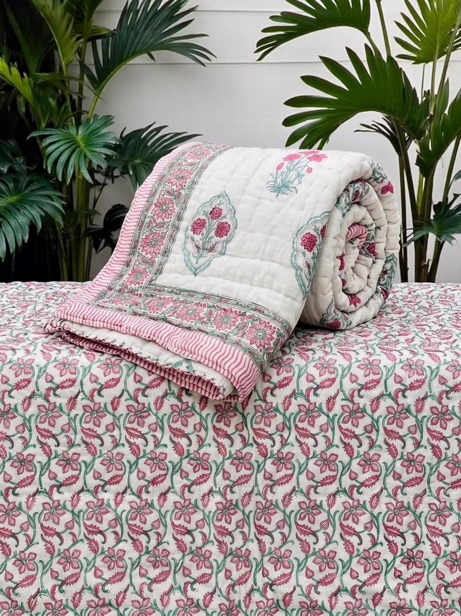 Gulab Bagh Reversible Floral Cotton Razai – Single Size (55 × 85 inches / 140 × 216 cm) | Hand-Quilted | 1 Piece
