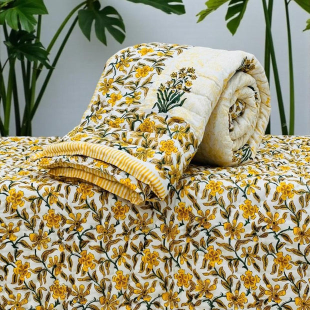Meher — Ivory Garden Reversible Razai – Single Size (85 × 55 inches / 216 × 140 cm) | Jaipuri Cotton | 2-Sided Design | 1 Piece