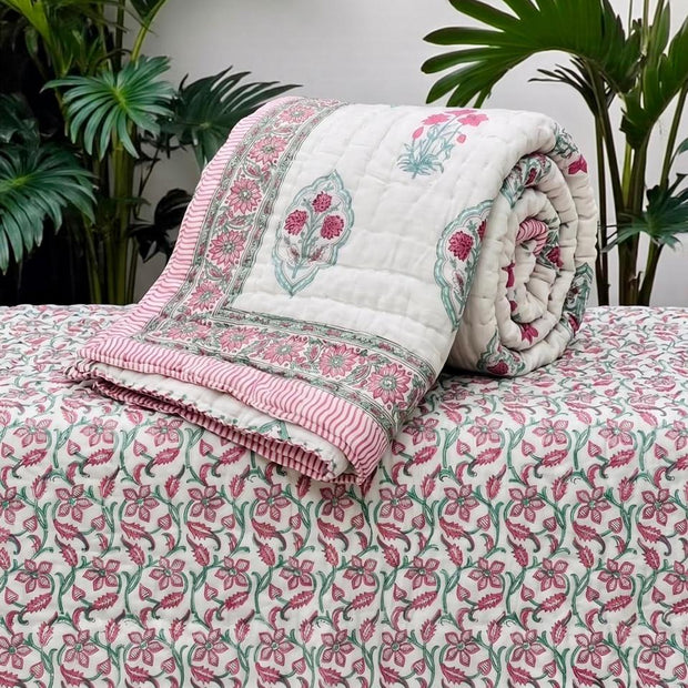 Gulab Bagh Reversible Floral Cotton Razai – Single Size (55 × 85 inches / 140 × 216 cm) | Hand-Quilted | 1 Piece