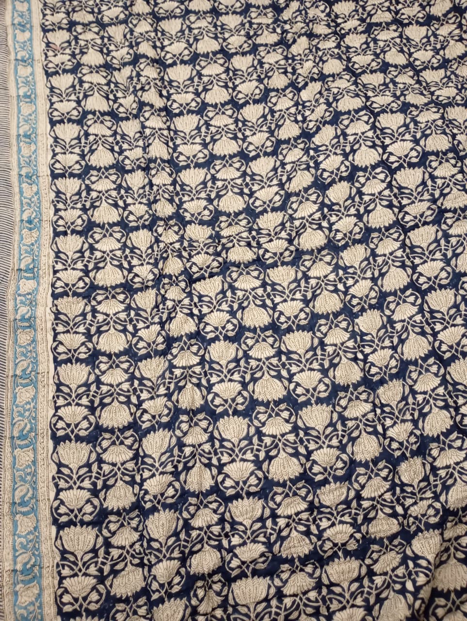Indigo Lotus Garden –King Size Muslin Cotton Reversible Razai | Surgical Cotton Filling | Hand Stitched | 1 Piece | Dry Clean Only