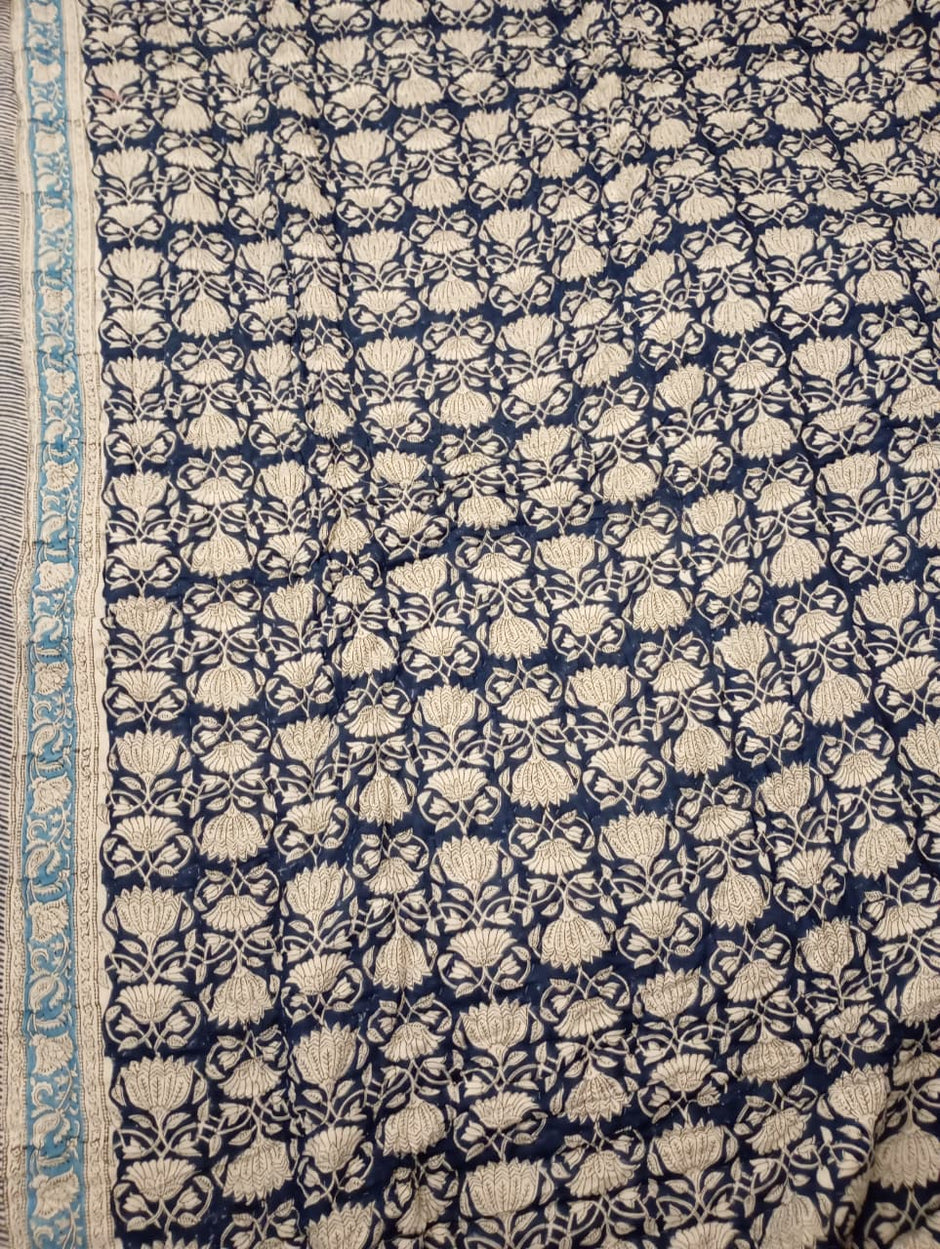 Indigo Lotus Garden –King Size Muslin Cotton Reversible Razai | Surgical Cotton Filling | Hand Stitched | 1 Piece | Dry Clean Only