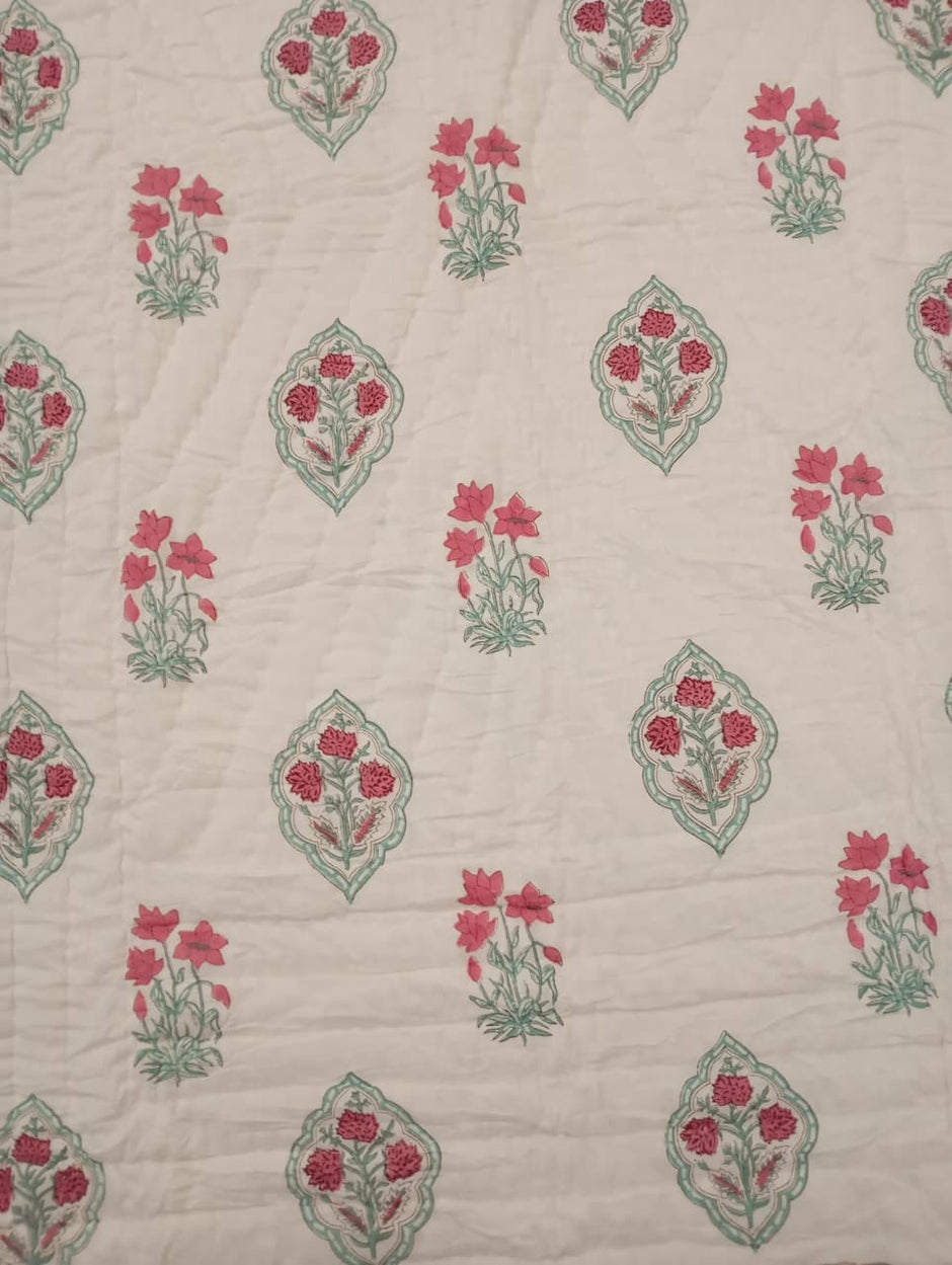 Gulab Bagh Reversible Floral Cotton Razai – Single Size (55 × 85 inches / 140 × 216 cm) | Hand-Quilted | 1 Piece