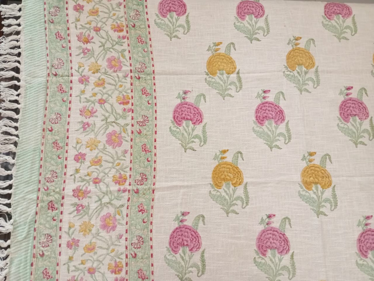 Gulabi Marigold Jute Slub Cotton Block Printed Multi-Use Throw – 175 × 130 cm | Sofa Throw, Table Cloth & Decorative Home Layer