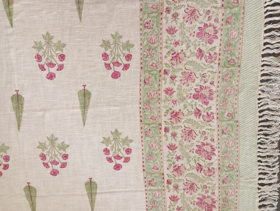 Gulab Leaf Garden Jute Slub Cotton Block Printed Multi-Use Throw – 175 × 130 cm | Sofa Throw, Table Cloth & Decorative Home Layer