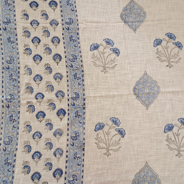 Blue Heritage Garden Jute Slub Cotton Block Printed Multi-Use Throw – 175 × 130 cm | Sofa Throw, Table Cloth ; Decorative Home Layer