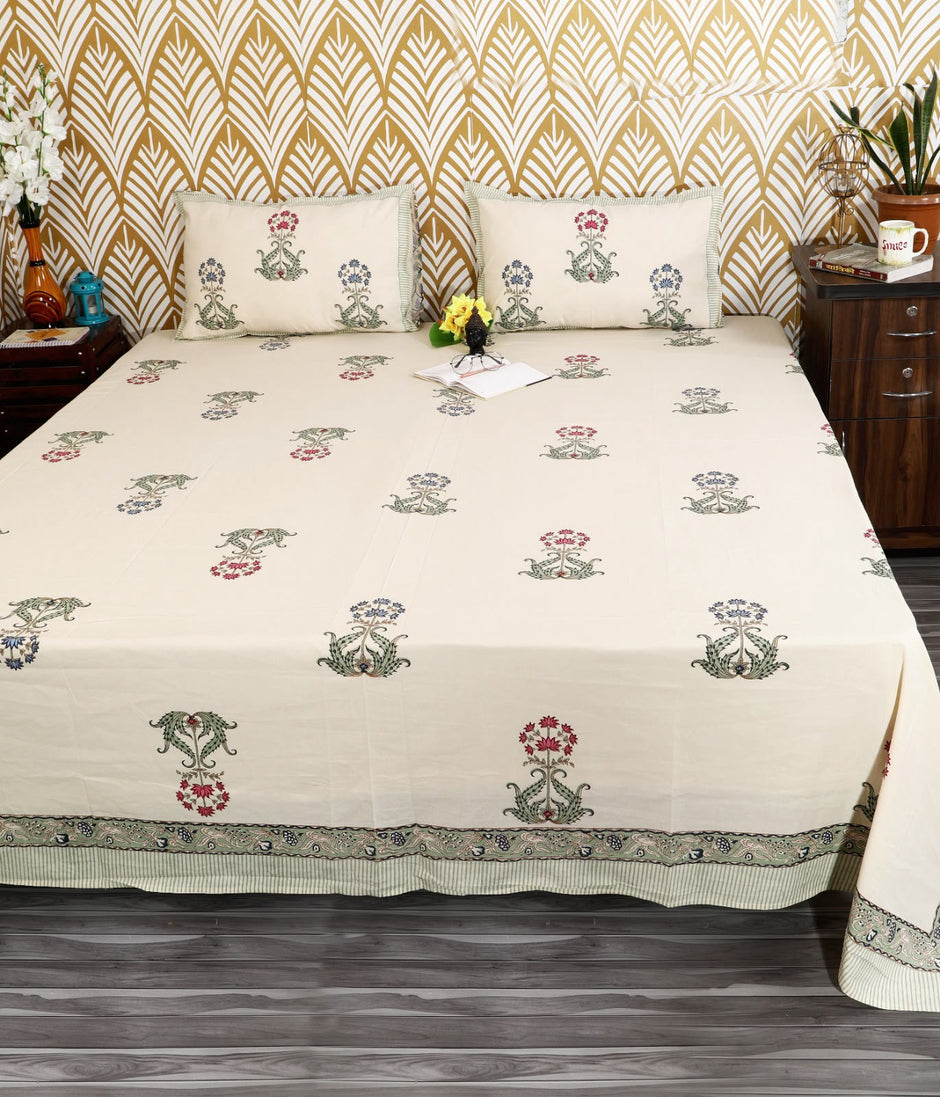Gulabi Gulzar Heritage – Super King Size Bedsheet (274 × 274 cm) | Jaipuri Cotton | Includes 2 Pillow Covers