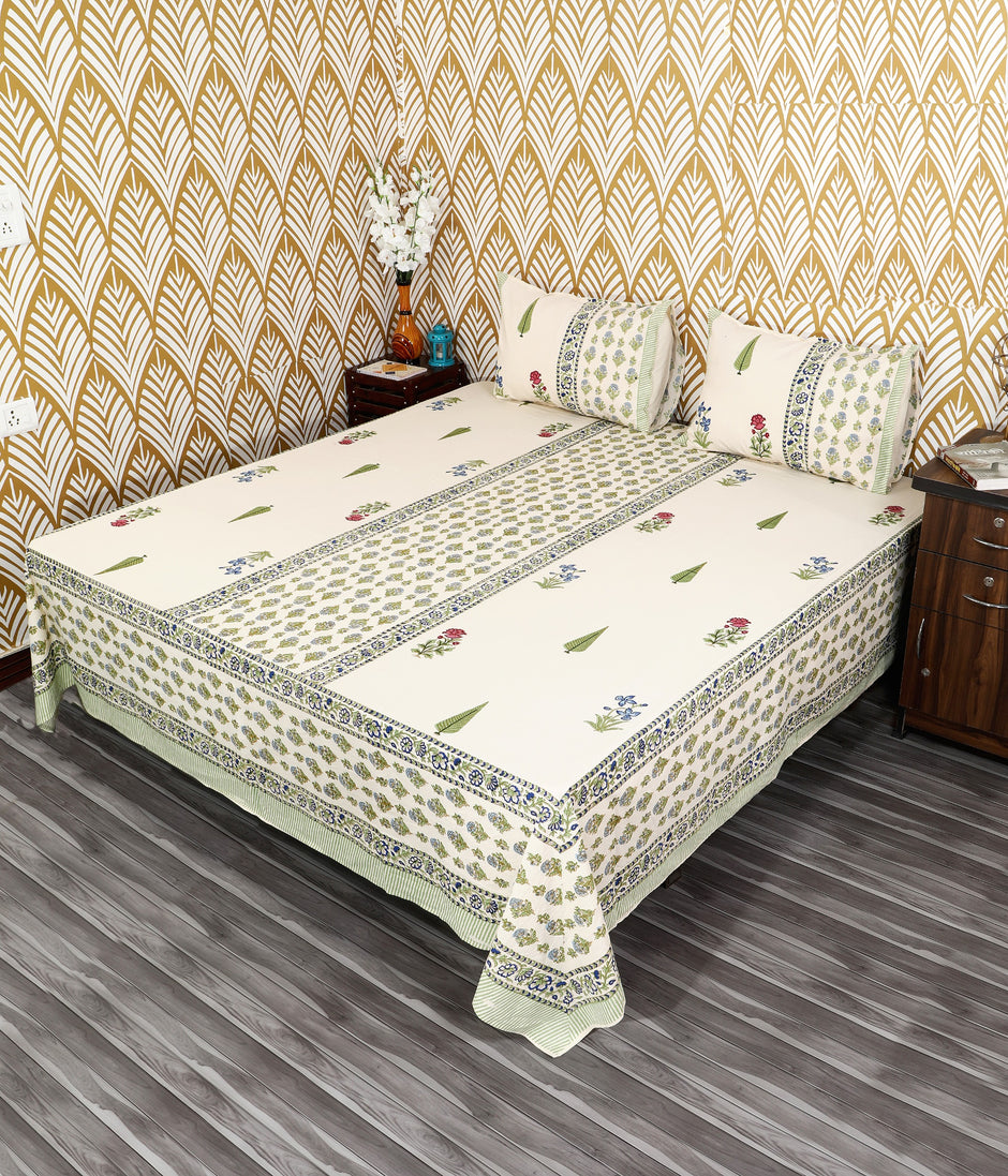 Ivory Gulbahar Garden – Super King Size Bedsheet (274 × 274 cm) | Jaipuri Cotton | Includes 2 Pillow Covers