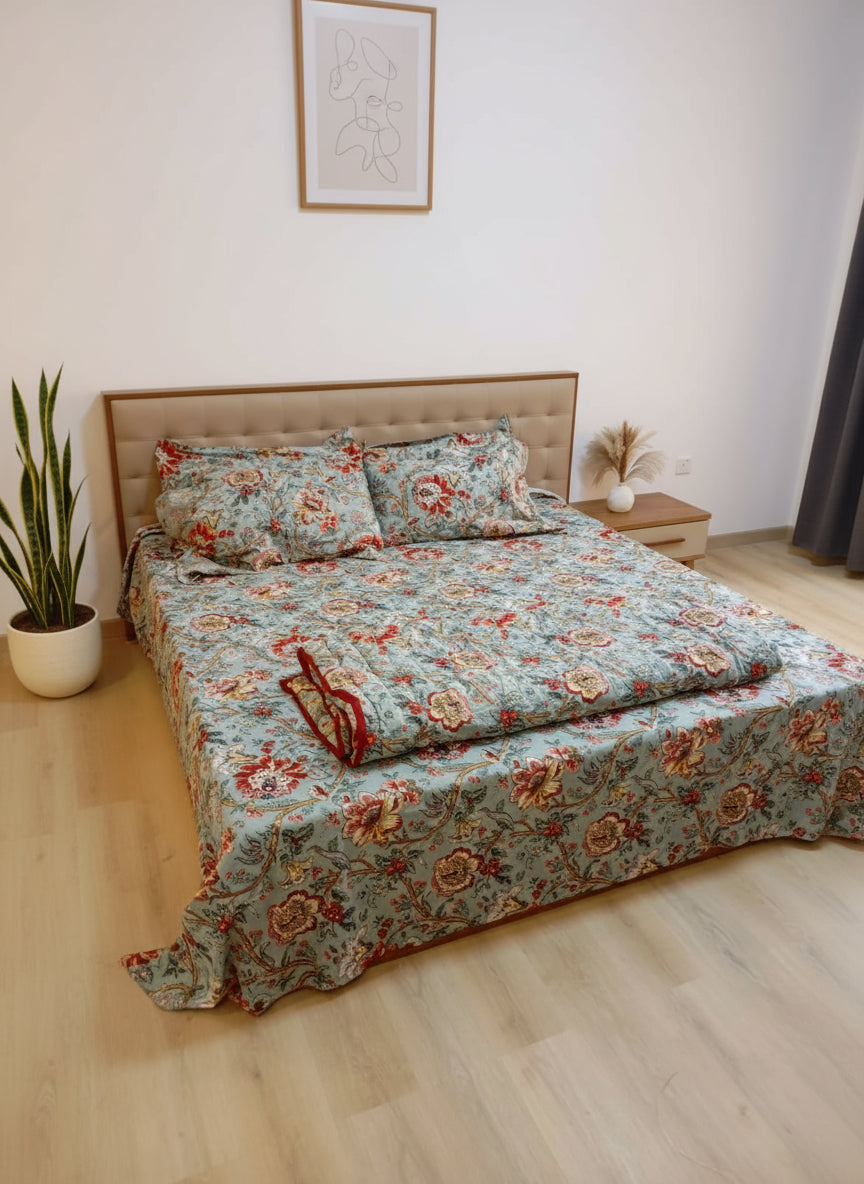 King Size Malmal Muslin Cotton Razai Blanket | Hand-Stitched | Organic Cotton Filling | Dry Clean only