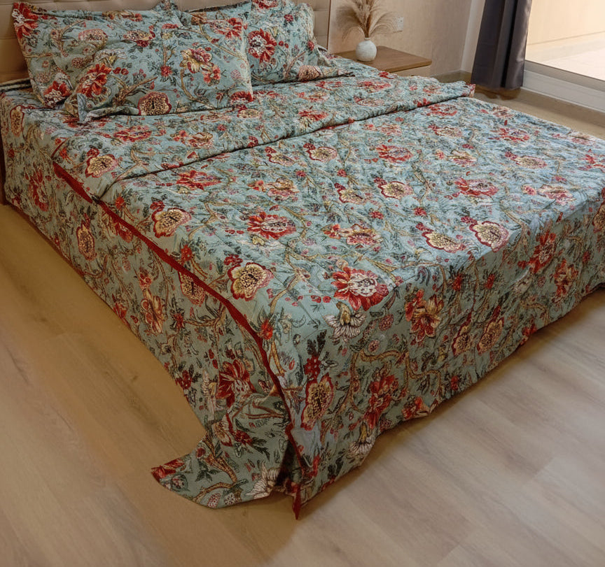 King Size Malmal Muslin Cotton Razai Blanket | Hand-Stitched | Organic Cotton Filling | Dry Clean only