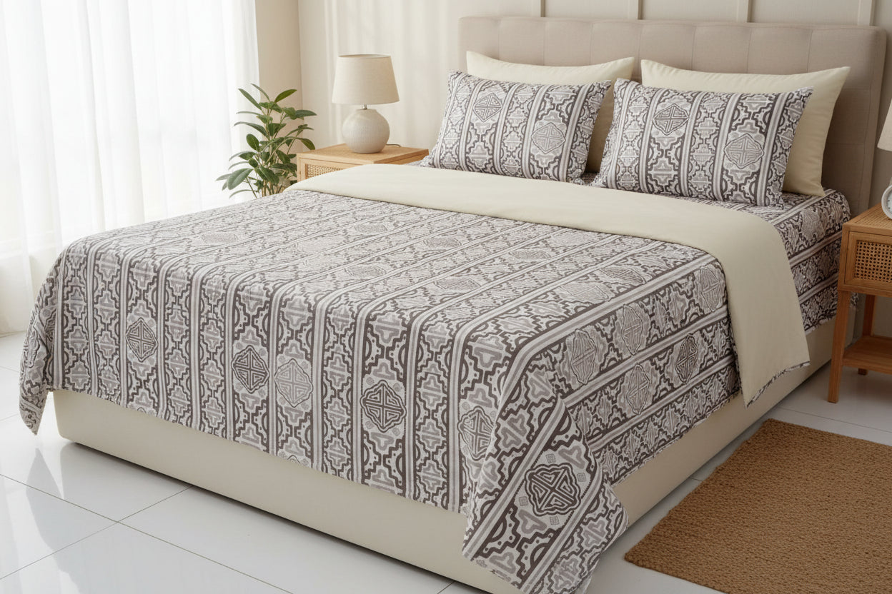 Taupe Heritage Stripe – Super King Size Bedsheet (274 x 274 cm) | 100% Satin Cotton | Includes 2 Pillow Covers