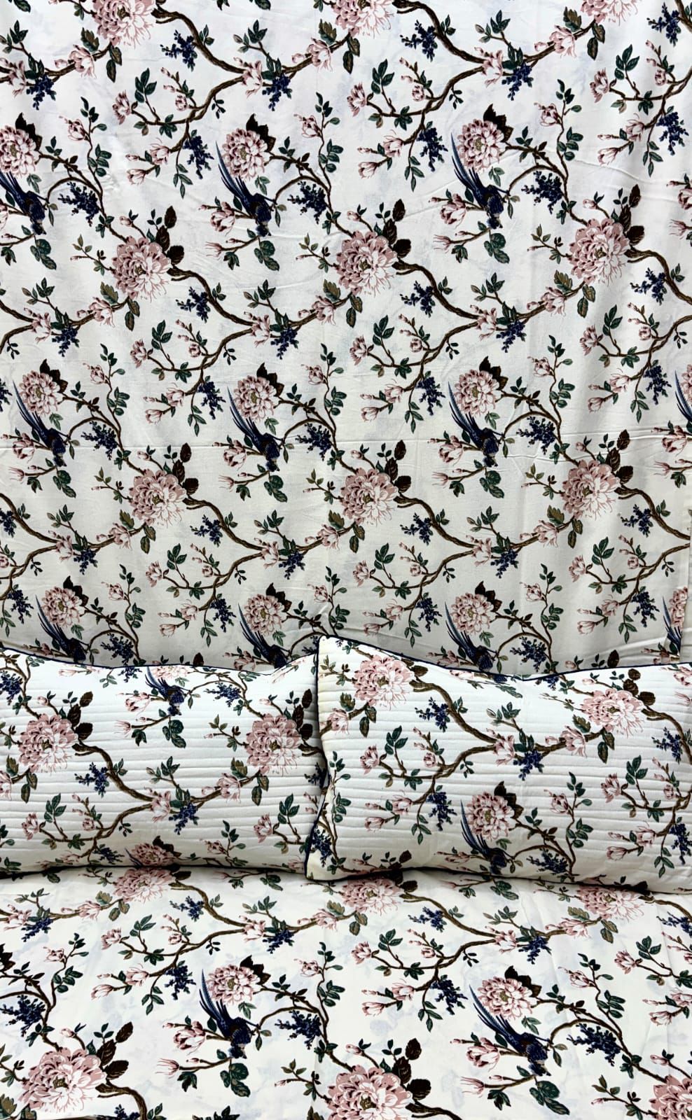 Blush Garden Birdsong – Super King Size Bedsheet (274 x 274 cm) | 100% Jaipuri Cotton | Includes 2 Pillow Covers