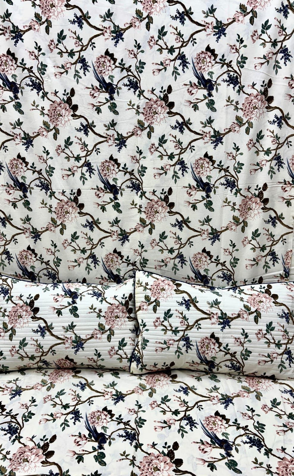 Blush Garden Birdsong – Super King Size Bedsheet (274 x 274 cm) | 100% Jaipuri Cotton | Includes 2 Pillow Covers