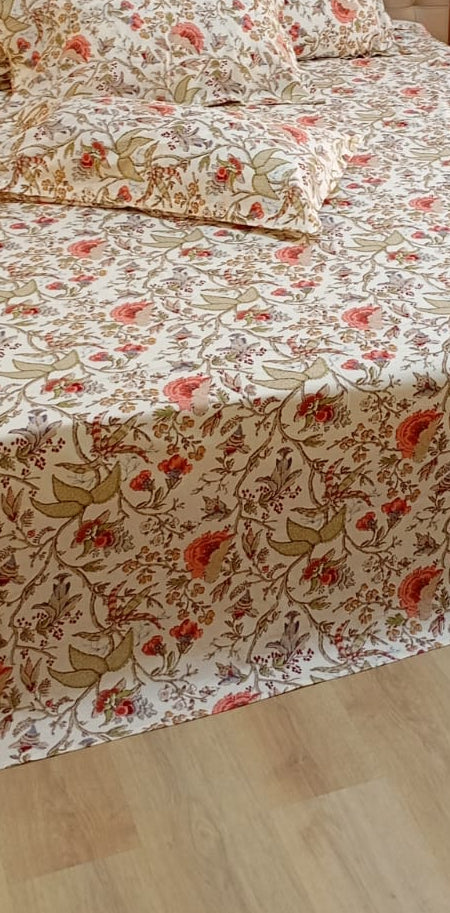 Ivory Blossom Trail – Super King Size Bedsheet (274 x 274 cm) | 100% Jaipuri Cotton | Includes 2 Pillow Covers