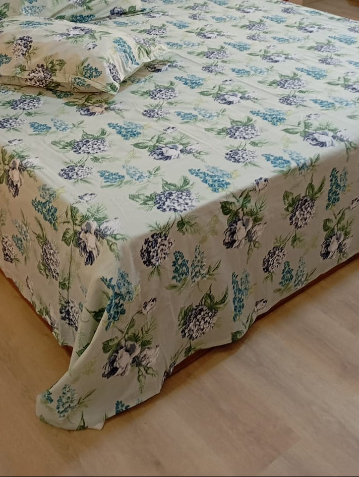 Azure Bloom Haven – Super King Size Bedsheet (274 x 274 cm) | 100% Cotton | Includes 2 Pillow Covers