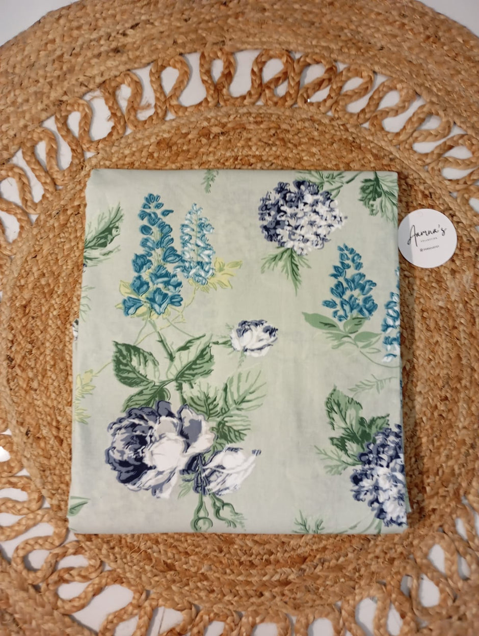 Azure Bloom Haven – Super King Size Bedsheet (274 x 274 cm) | 100% Cotton | Includes 2 Pillow Covers