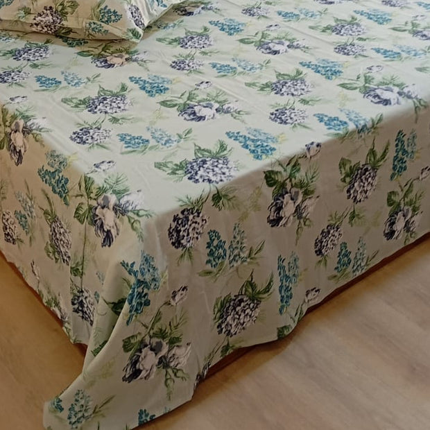 Azure Bloom Haven – Super King XL Size Bedsheet (270 x 290 cm) | 100% Cotton | Includes 4 Pillow Covers