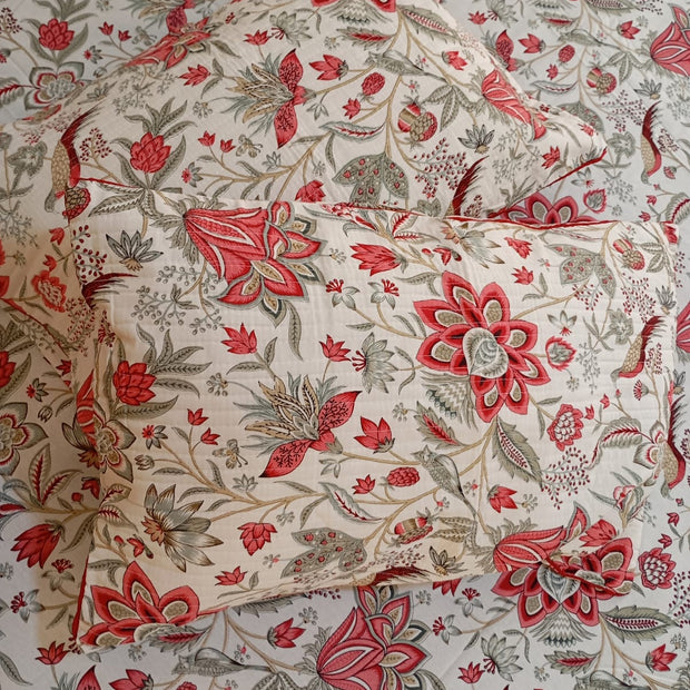 Scarlet Floral Bird Elegance – Super King XL Size Bedsheet (270 x 290 cm) | 100% Jaipuri Cotton | Includes 4 Pillow Covers