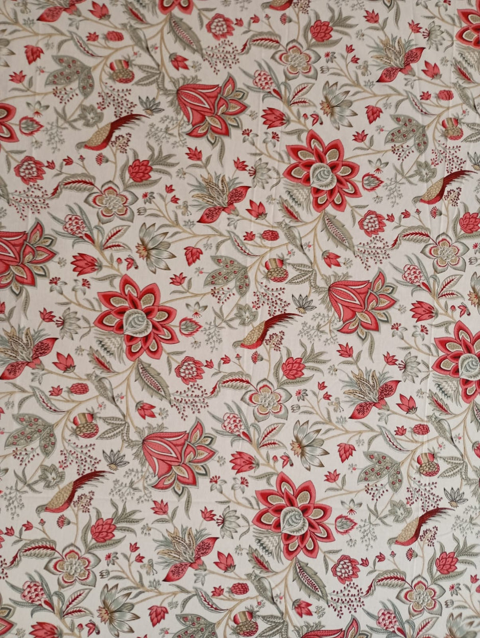 Scarlet Floral Bird Elegance – Super King Size Bedsheet (274 x 274 cm) | 100% Jaipuri Cotton | Includes 2 Pillow Covers
