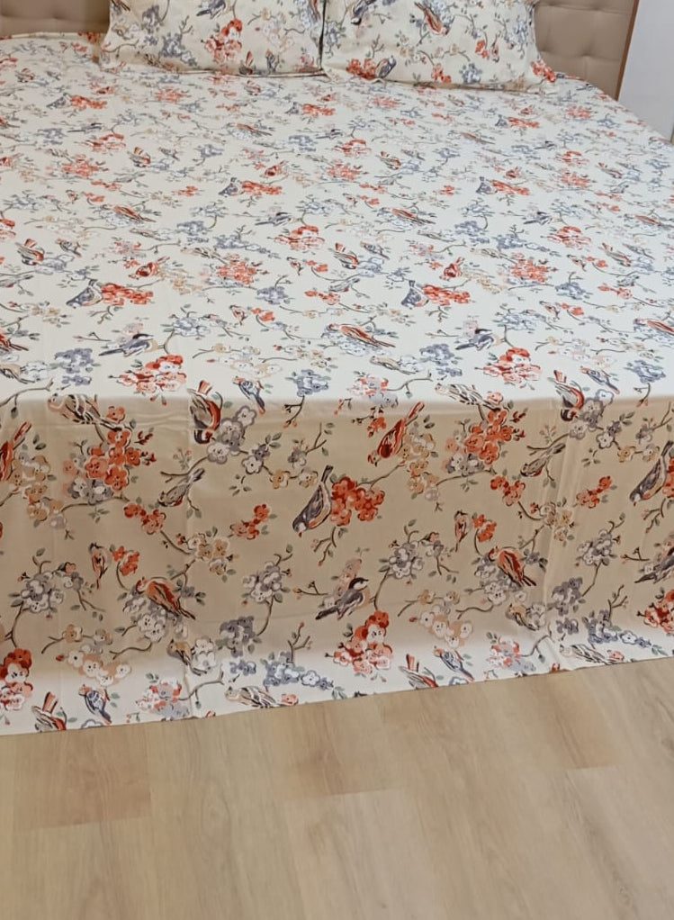 Bird Blossom Print – Queen Size Flat Bedsheet (260 x 230 cm) | 100% Cotton | Includes 2 Pillow Covers