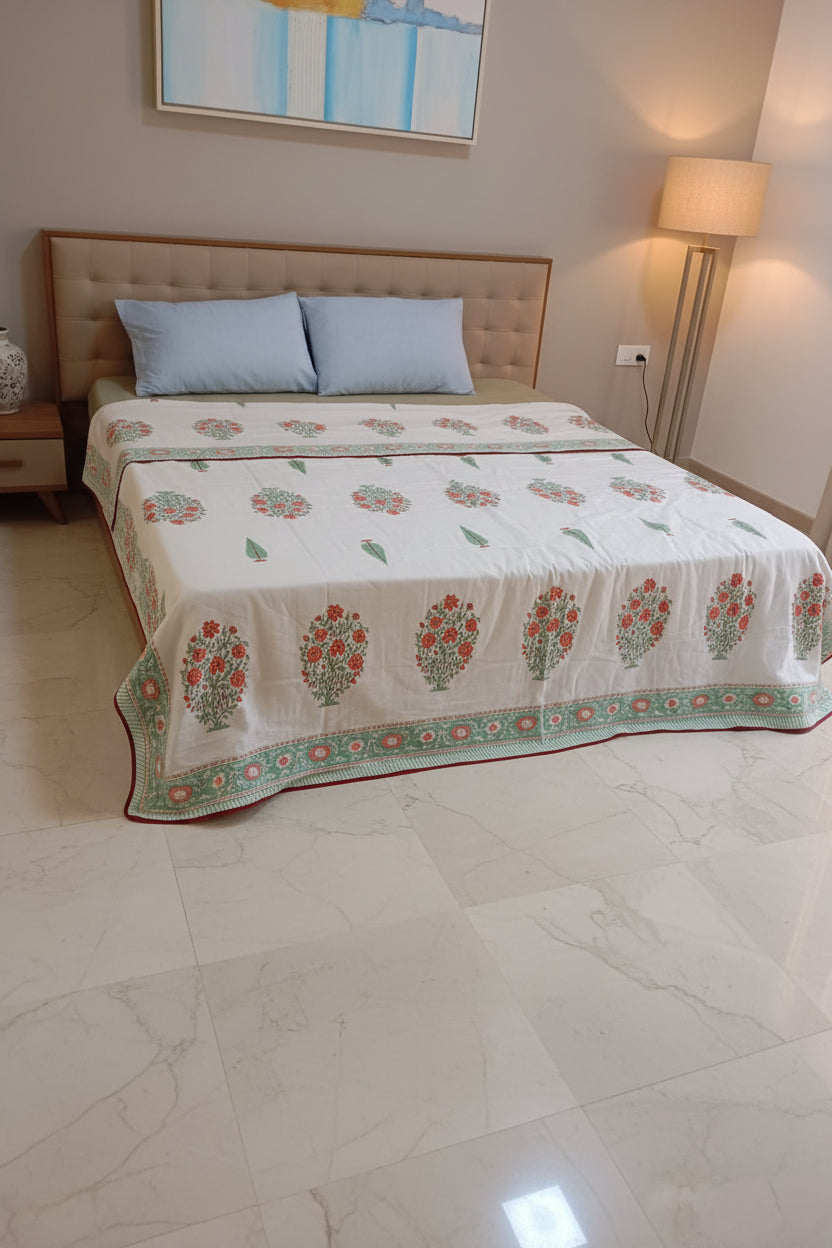 Coral Mint Blossom – Standard King Size Dohar | 100% Muslin Cotton | Reversible Print