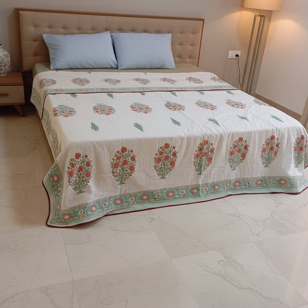 Coral Mint Blossom – Standard King Size Dohar | 100% Muslin Cotton | Reversible Print