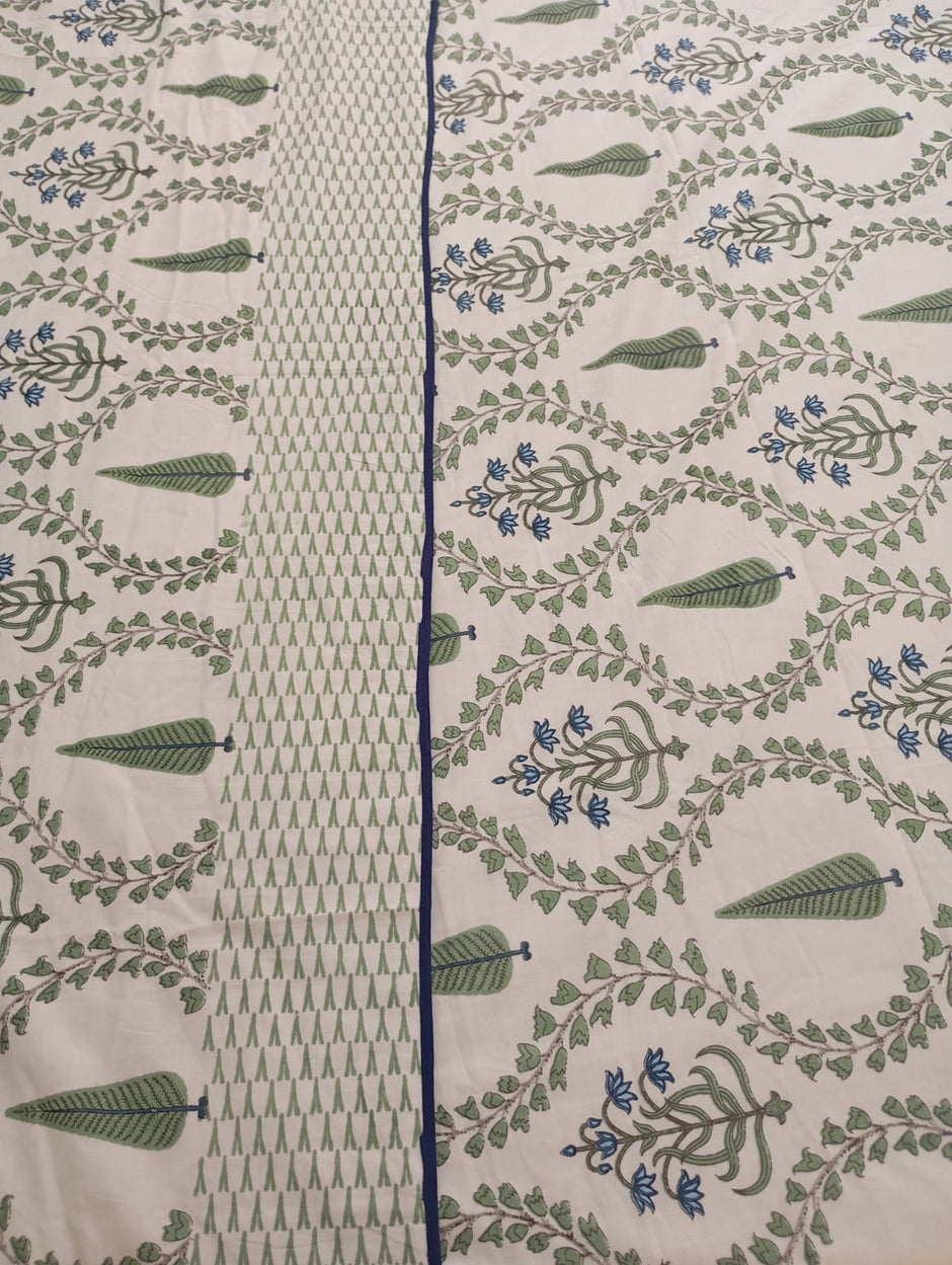 Sage Blue Botanical Vine Dohar – King Size Dohar (228 × 259 cm) | Malmal Muslin Cotton | Lightweight & Breathable
