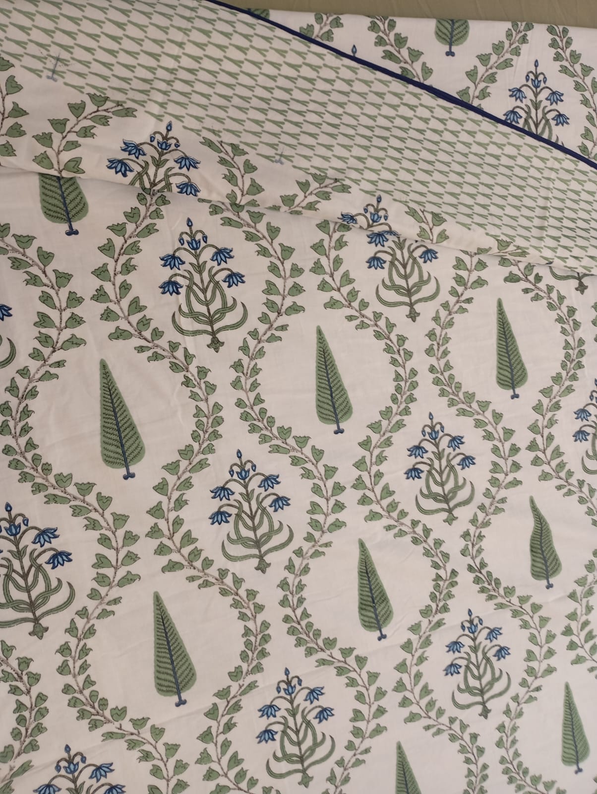 Sage Blue Botanical Vine Dohar – King Size Dohar (228 × 259 cm) | Malmal Muslin Cotton | Lightweight & Breathable