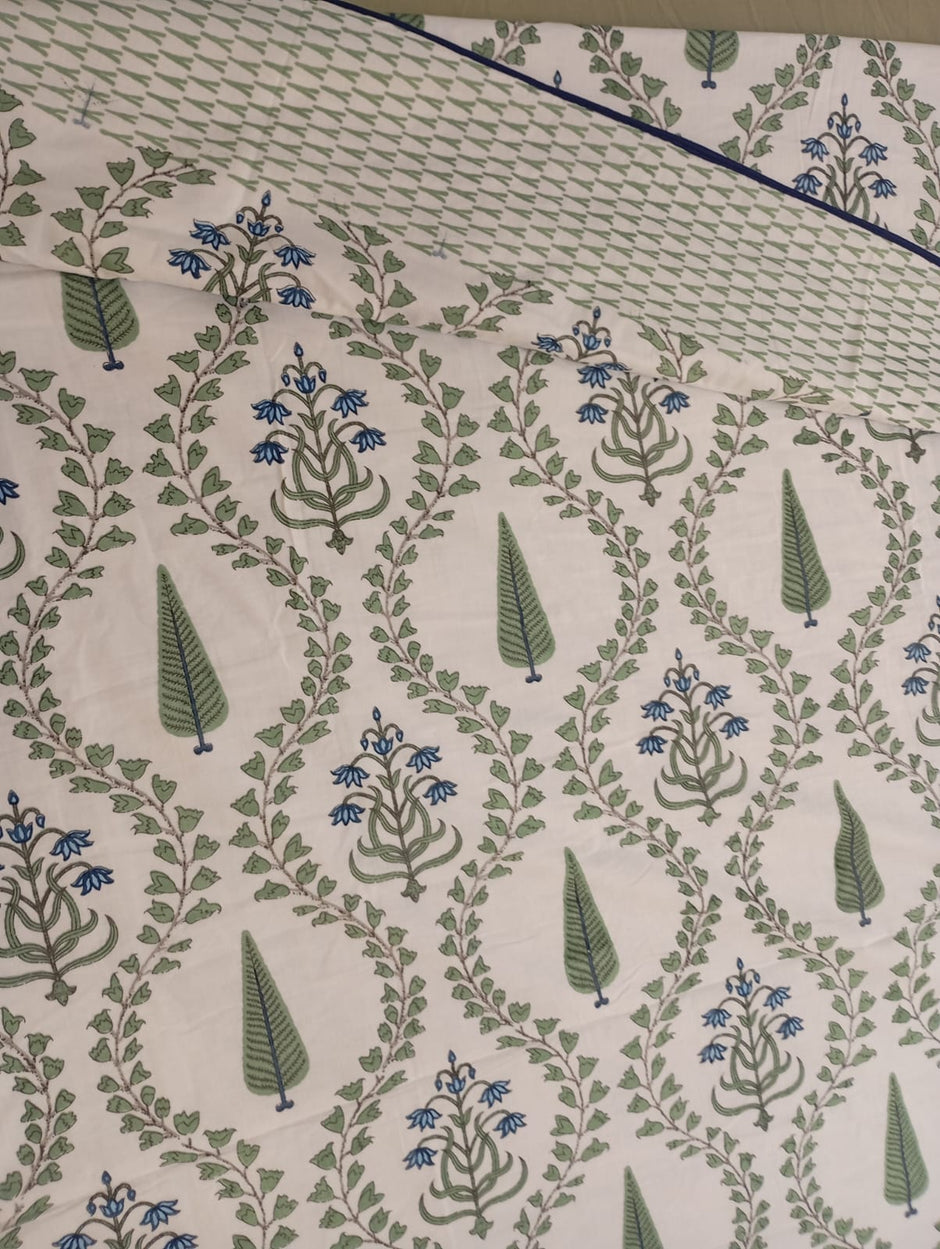 Sage Blue Botanical Vine Dohar – King Size Dohar (228 × 259 cm) | Malmal Muslin Cotton | Lightweight & Breathable