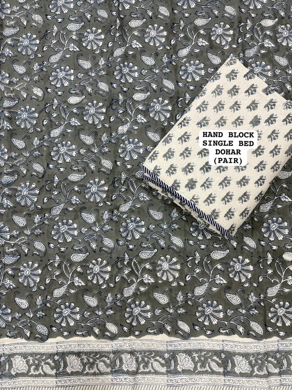 Dark Grey Floral Reversible – Single Bed Muslin Cotton Dohar Pair (152 x 229 cm / 60 x 90 inches) | 100% Muslin Cotton | Reversible Hand Block Print | All season | Perfect for AC