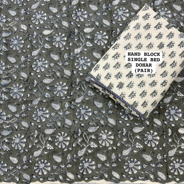 Dark Grey Floral Reversible – Single Bed Muslin Cotton Dohar Pair (152 x 229 cm / 60 x 90 inches) | 100% Muslin Cotton | Reversible Hand Block Print | All season | Perfect for AC