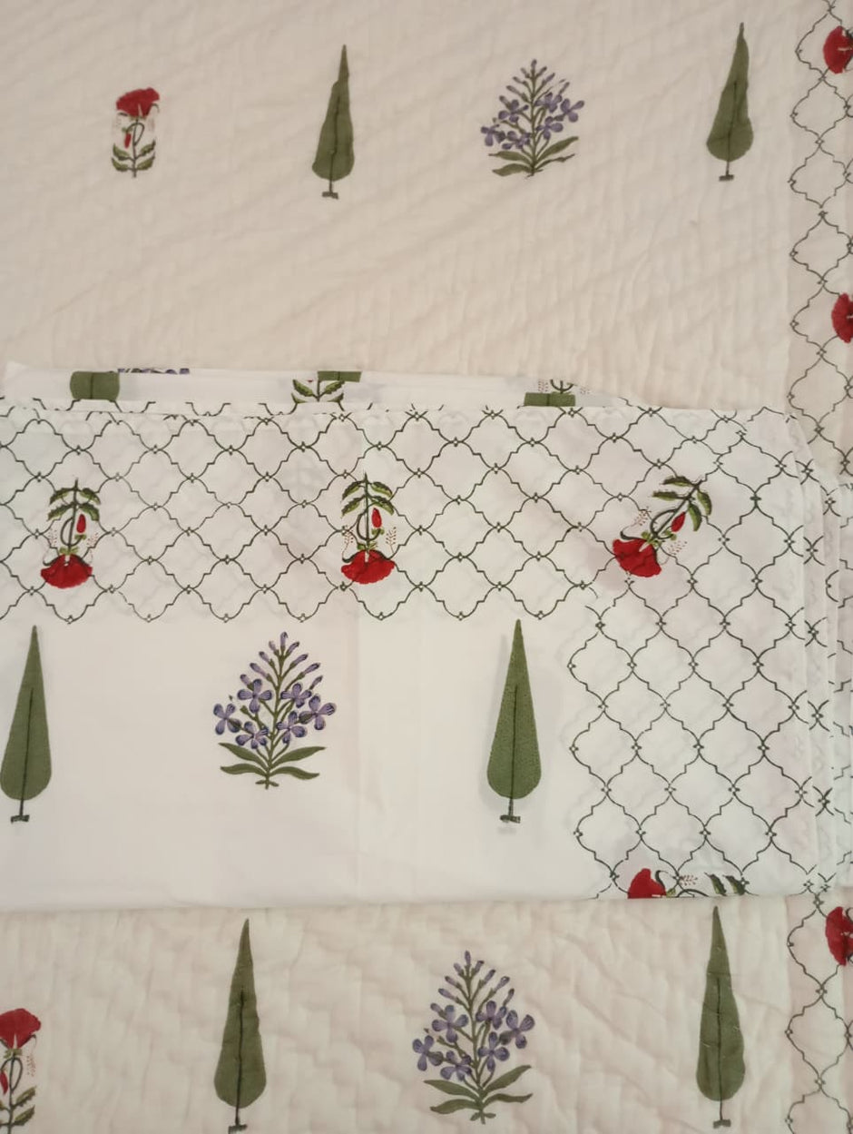 Set - Razai + Bedsheet - Ivory Garden Hand Block Bedding Set – Super King Bedsheet with King Reversible Hand Tagai Razai