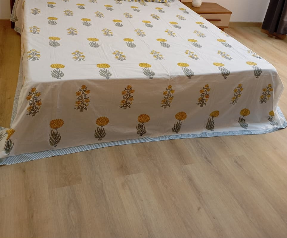 Marigold Buti – Super King Size Block Print Bedsheet (274 x 274 cm) | 100% Percale Cotton | Includes 2 Pillow Covers