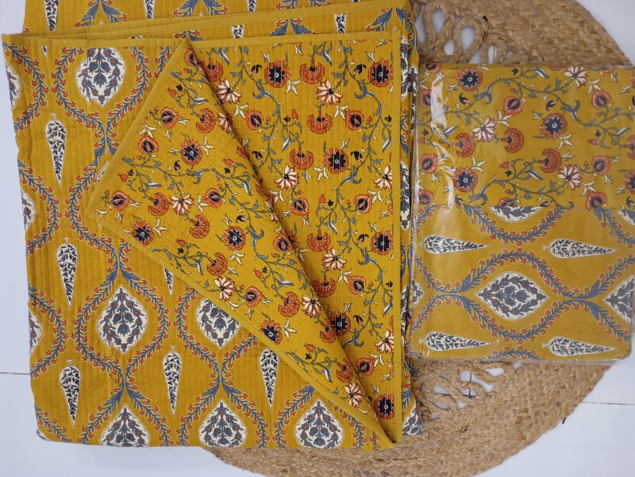 Mustard Golden Yellow Ajrakh Elegance Luxury Bedding Set – Super King Bedsheet + Reversible King Quilted Bedspread | 100% Pure Jaipuri Cotton | 6-Piece Set