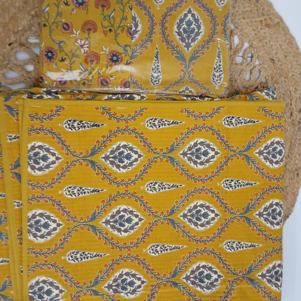 Mustard Golden Yellow Ajrakh Elegance Luxury Bedding Set – Super King Bedsheet + Reversible King Quilted Bedspread | 100% Pure Jaipuri Cotton | 6-Piece Set