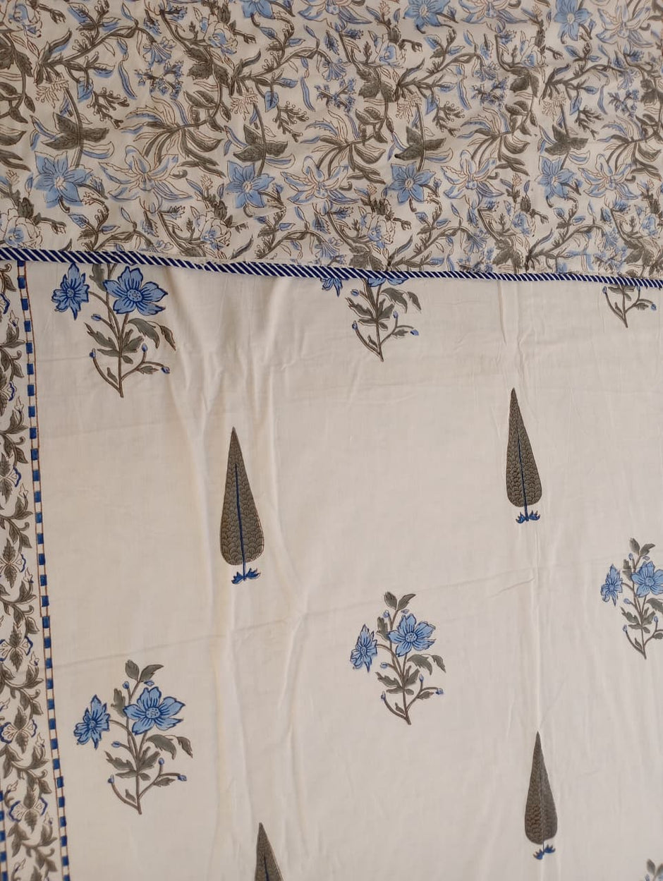 Blue Meadow Reversible Muslin Cotton Dohar Pair – Single (152 x 229 cm / 60 x 90 inches) | 100% Muslin Cotton | Reversible Hand Block Print |Pair of 2 Single Dohars