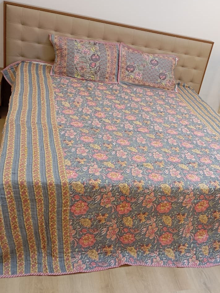 Jaipur Rosewood Heritage Reversible Quilted Bedspread Set – Standard King Size (90 × 102 inches / 230 × 260 cm) | Pure Cotton | 3-Piece Set