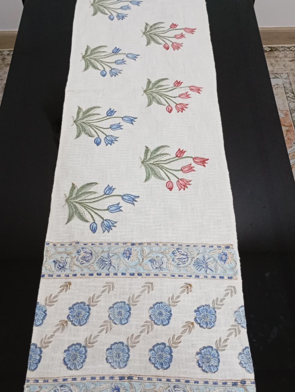 Royal Twin Tulip Jaipuri Table Runner – 185 × 35 cm | 100% Pure Jute Cotton | Hand Block Printed