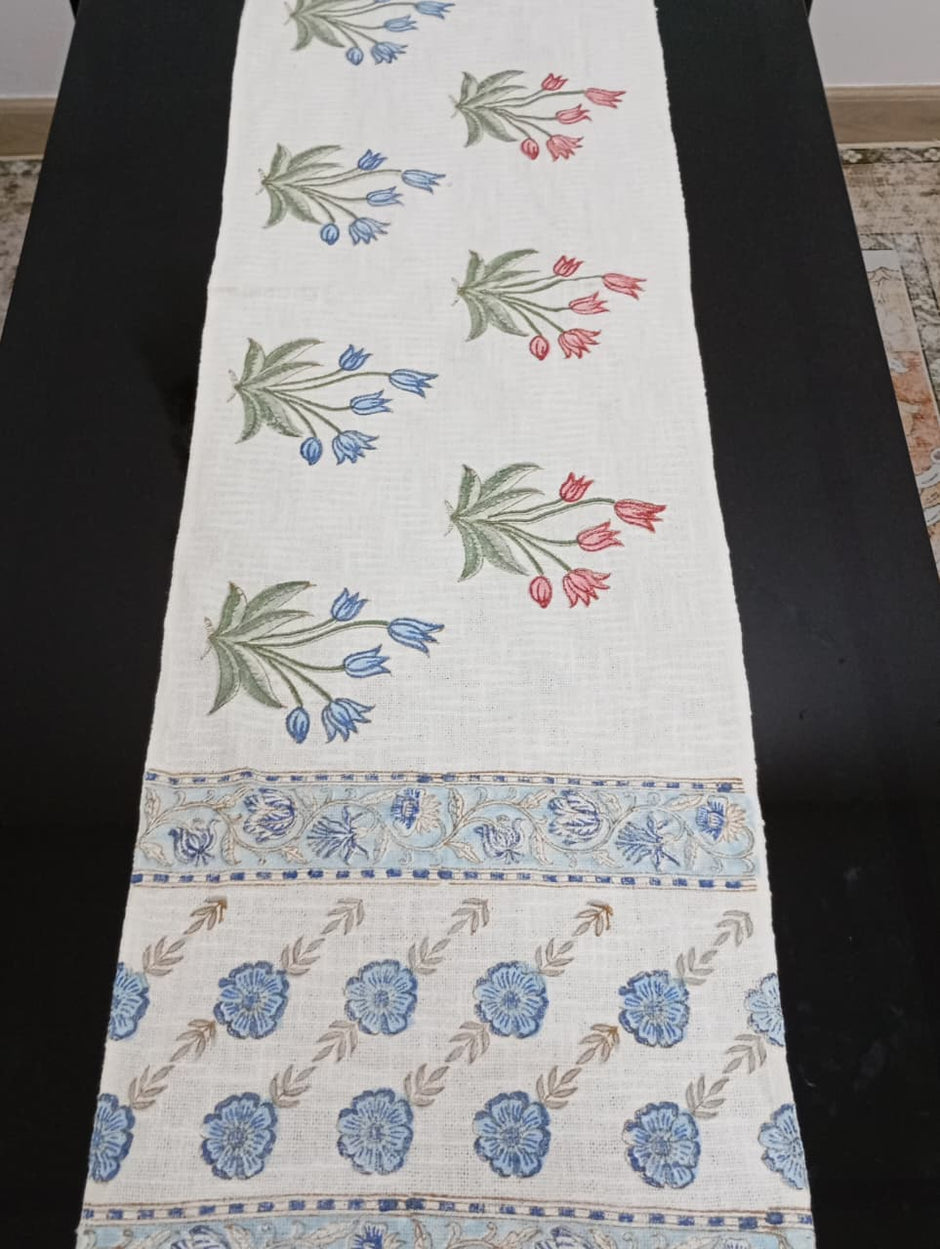 Royal Twin Tulip Jaipuri Table Runner – 185 × 35 cm | 100% Pure Jute Cotton | Hand Block Printed
