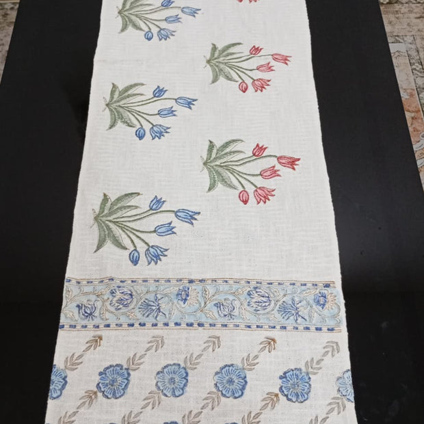 Royal Twin Tulip Jaipuri Table Runner – 185 × 35 cm | 100% Pure Jute Cotton | Hand Block Printed