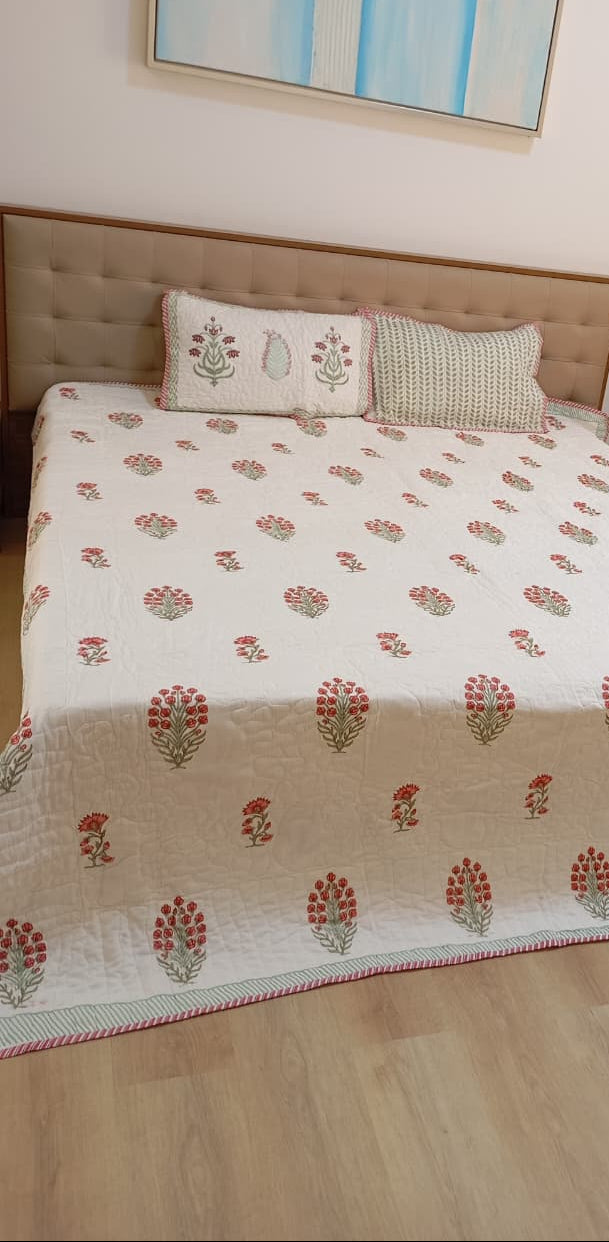 Zariya — A Floral Journey | Reversible Jaipuri Cotton Quilted Bedspread – Standard King Size | 2 - Pillow Covers | Set