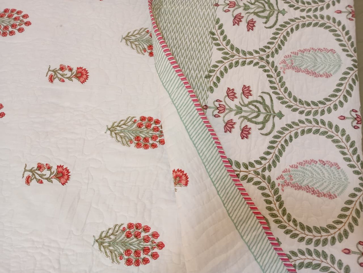 Zariya — A Floral Journey | Reversible Jaipuri Cotton Quilted Bedspread – Standard King Size | 2 - Pillow Covers | Set