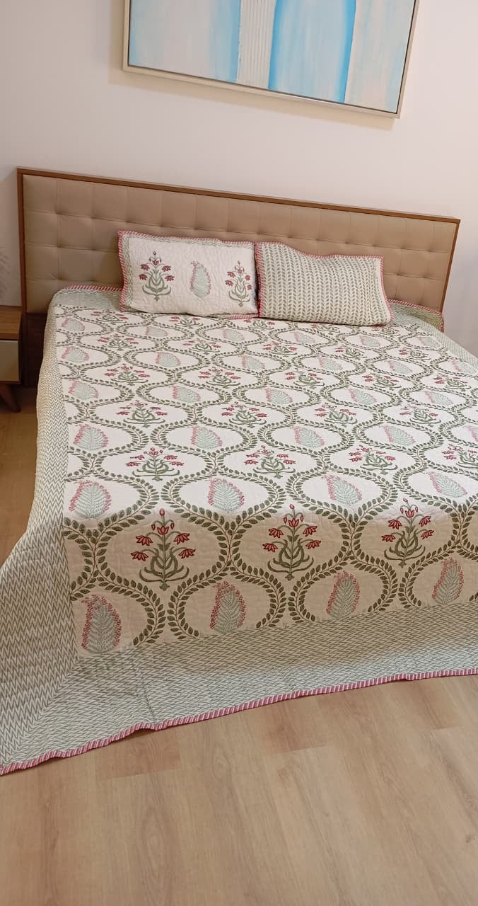 Zariya — A Floral Journey | Reversible Jaipuri Cotton Quilted Bedspread – Standard King Size | 2 - Pillow Covers | Set