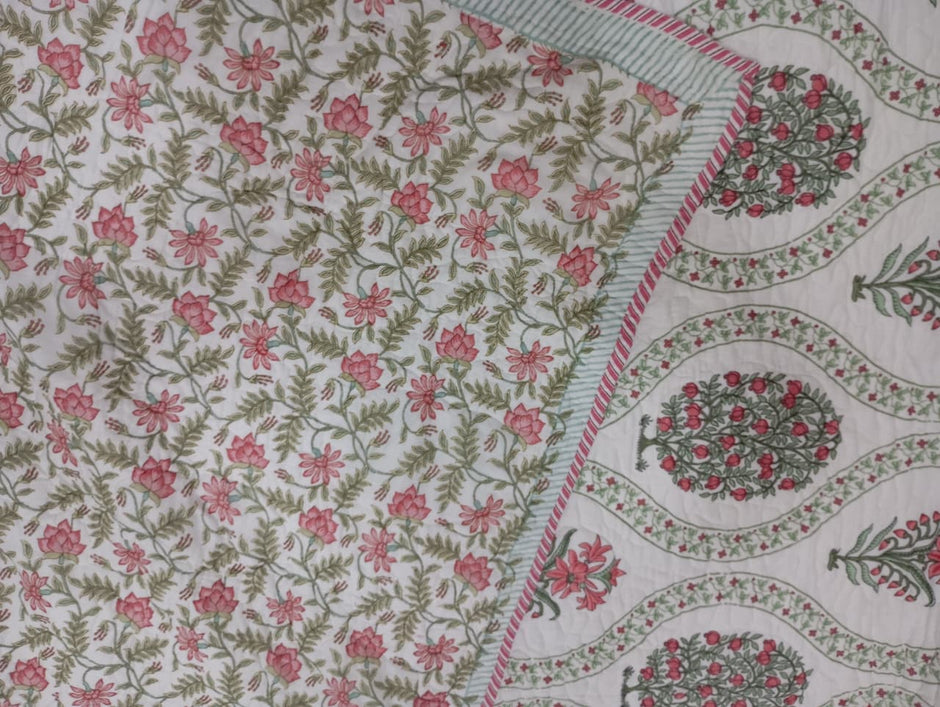 Vanya — Wildflower Garden – Standard King Size Reversible Jaipuri Cotton Quilted Bedspread | 2-Sided Design | 2 Pillow Covers | Set
