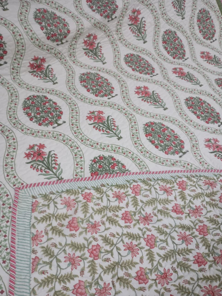 Vanya — Wildflower Garden – Standard King Size Reversible Jaipuri Cotton Quilted Bedspread | 2-Sided Design | 2 Pillow Covers | Set