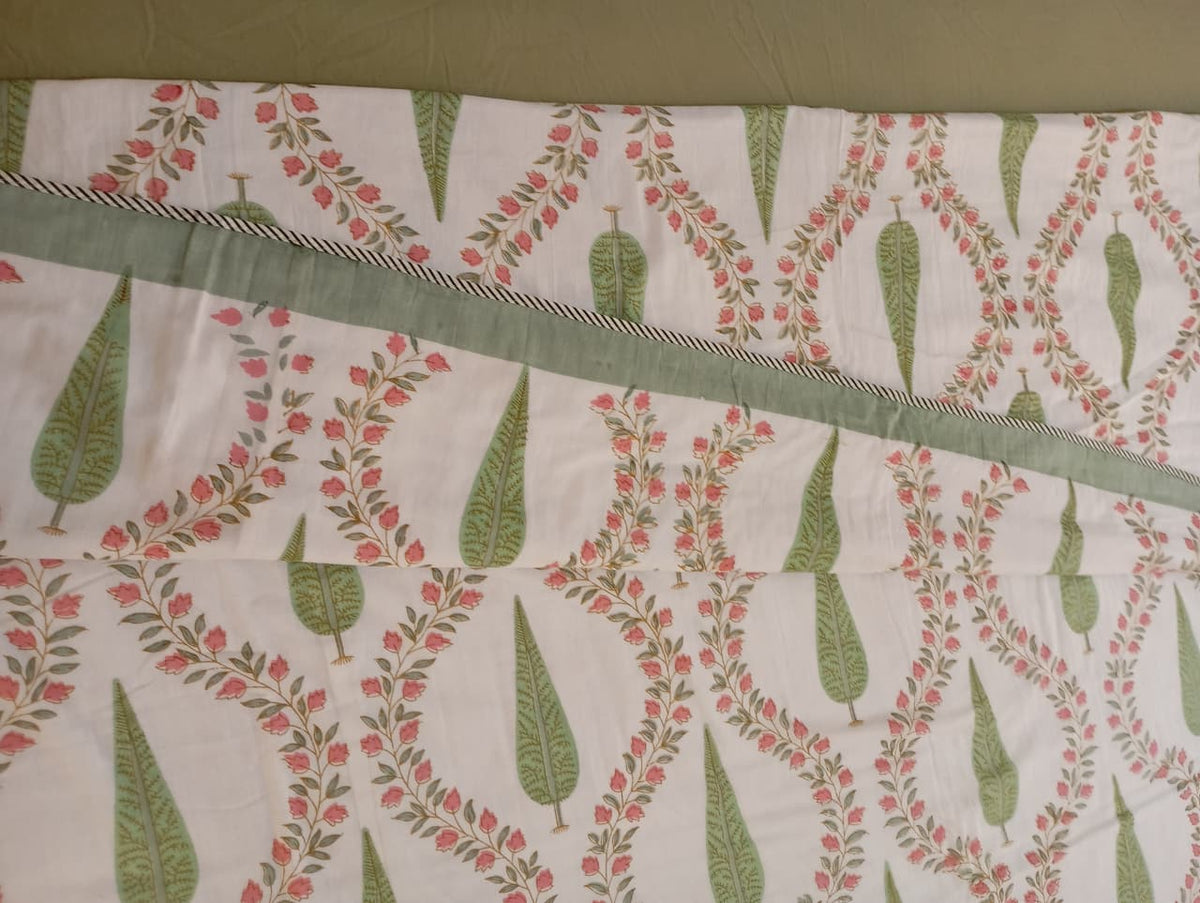 Sage Blossom Vine Jaipuri Muslin Dohar – Standard King Size (90 × 102 inches\229 × 259 cm) | Muslin Cotton | Lightweight All-Season Comfort