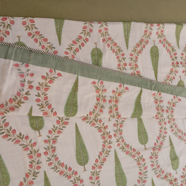 Sage Blossom Vine Jaipuri Muslin Dohar – Standard King Size (90 × 102 inches\229 × 259 cm) | Muslin Cotton | Lightweight All-Season Comfort
