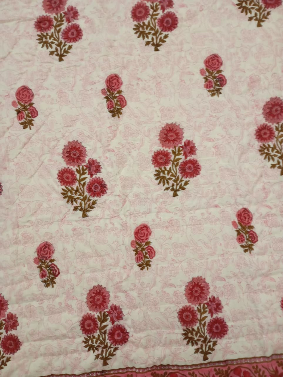 Gulbahar Rose Reverie – Reversible Single Bed Razai | 100% Muslin Cotton | Handcrafted Quilted Razai | 1 Piece