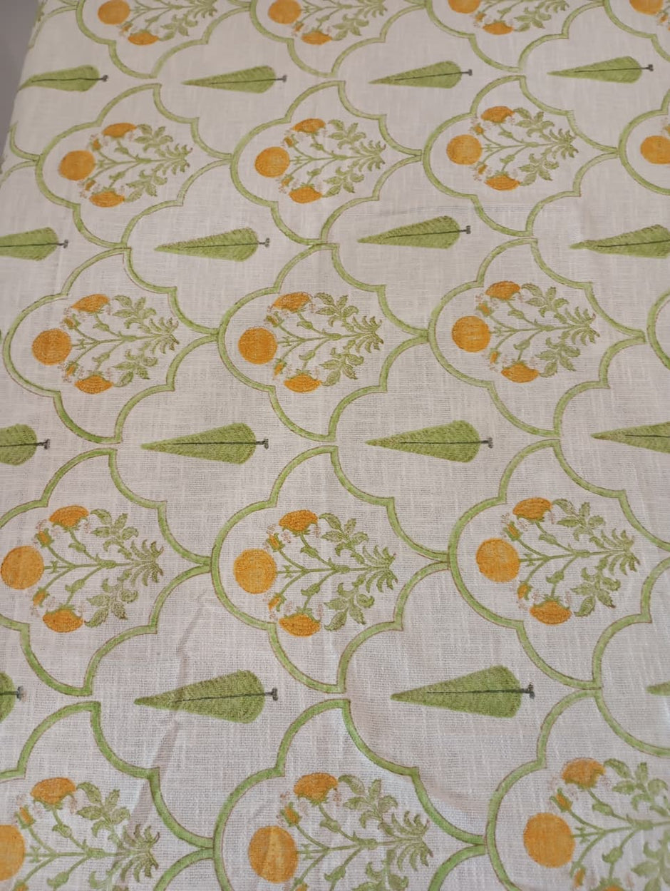 Citrus Garden Jute Slub Cotton Block Printed Multi-Use Throw – 175 × 130 cm | Sofa Throw / Table Cloth / Decorative Home Layer