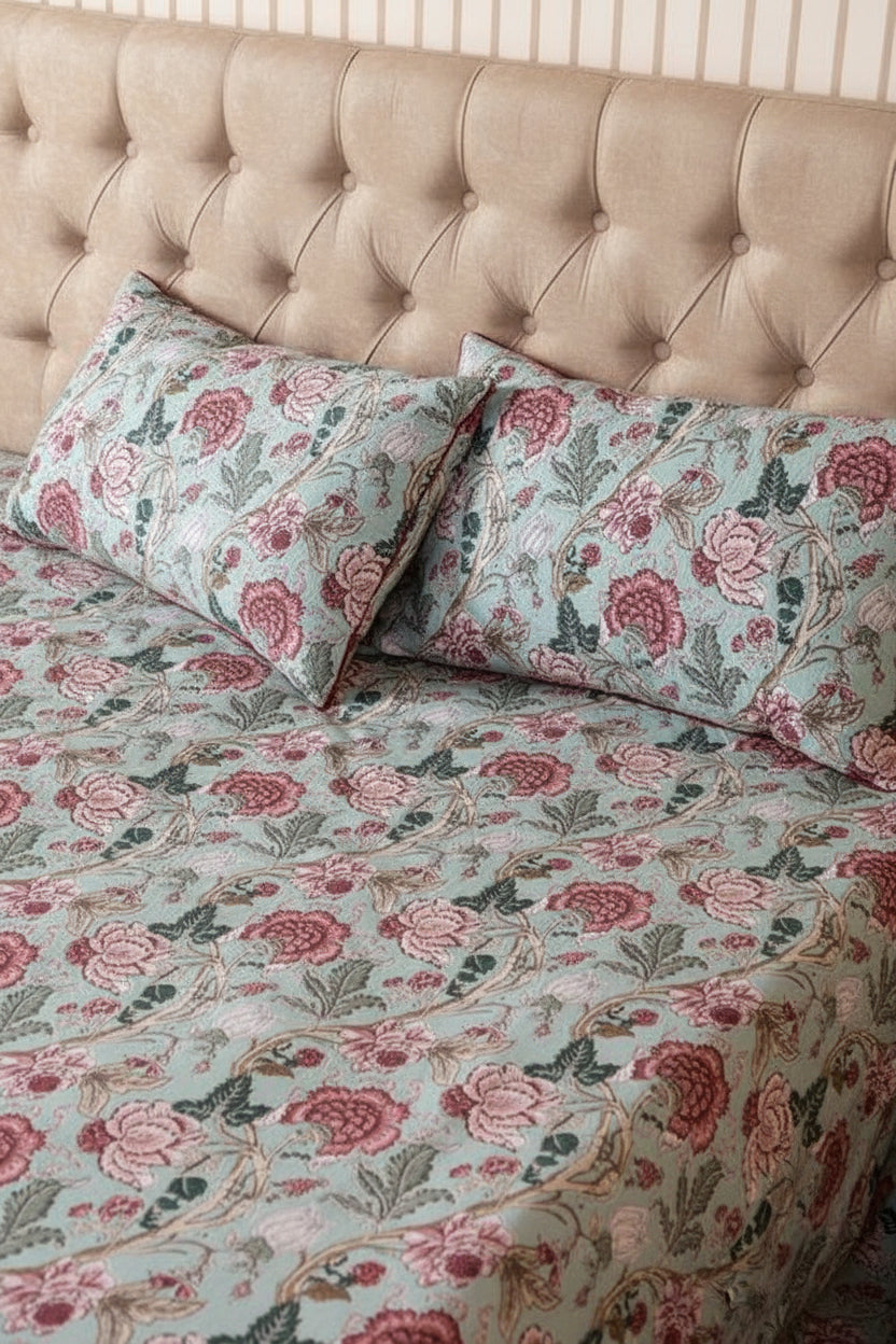 Sagewood Blossom – Super King Size Bedsheet (274 x 274 cm) | 100% Percale Cotton | Includes 2 Pillow Covers
